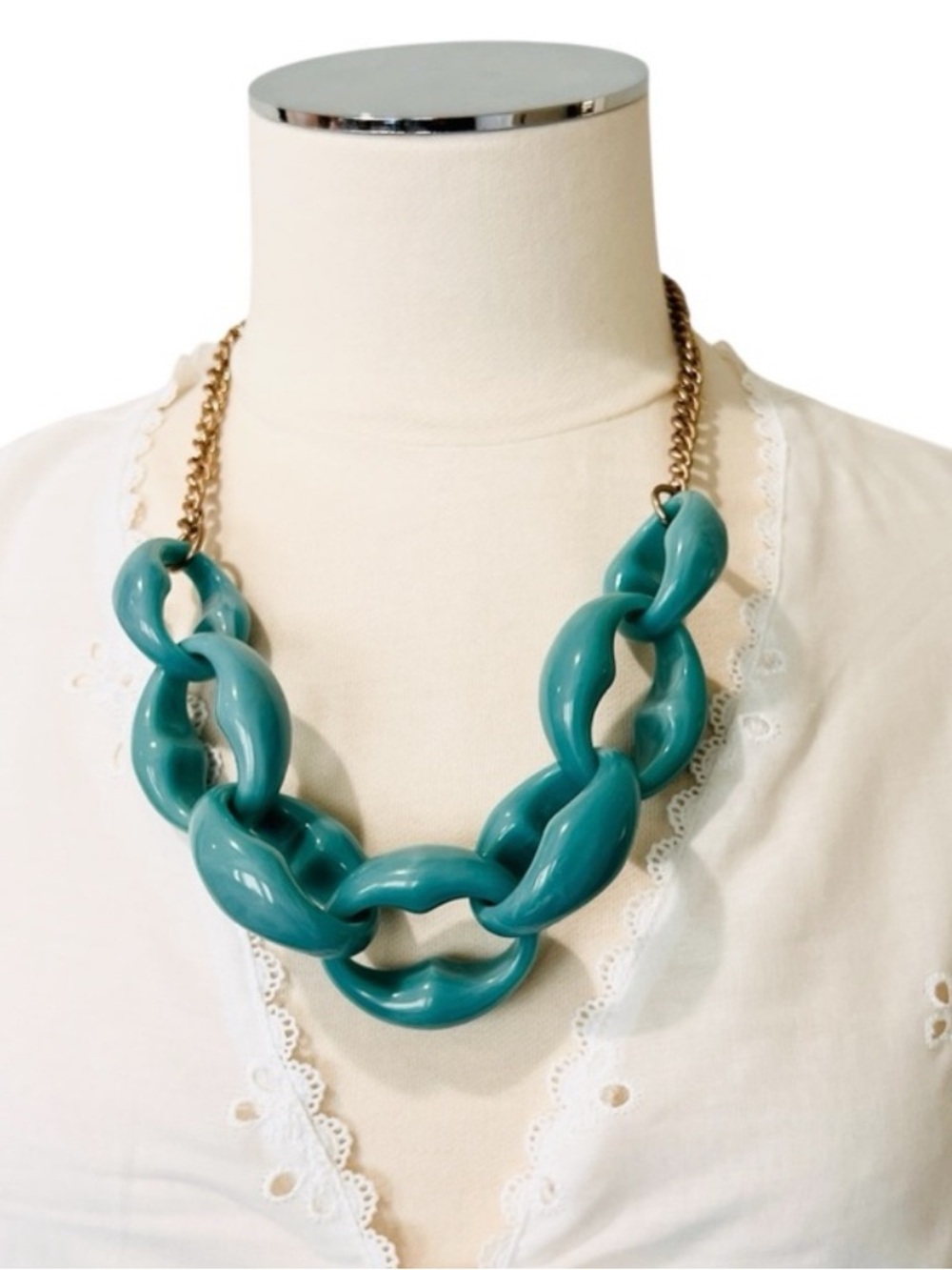 LOFT Statement Necklace Chunky Teal Chain Resin Turquoise Teal Adjustable